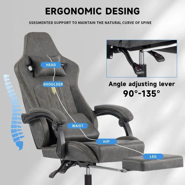 Alt view image 6 of 7 - Fantasylab Gaming Chair, Video Game Chair with Massage Lumbar Support and Footrest, Comfortable Ergonomic Computer Chair, Grey