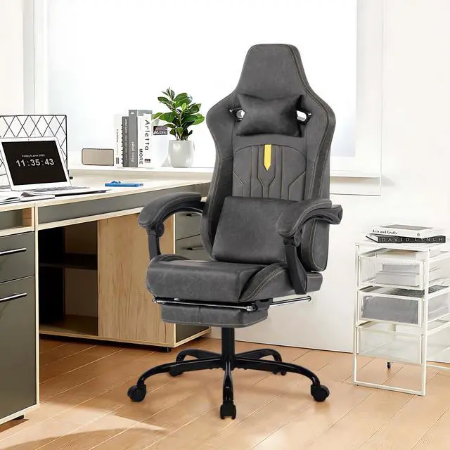 Alt view image 5 of 7 - Fantasylab Gaming Chair, Video Game Chair with Massage Lumbar Support and Footrest, Comfortable Ergonomic Computer Chair, Grey
