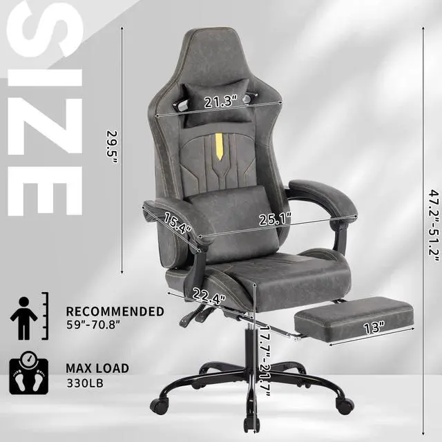 Alt view image 2 of 7 - Fantasylab Gaming Chair, Video Game Chair with Massage Lumbar Support and Footrest, Comfortable Ergonomic Computer Chair, Grey