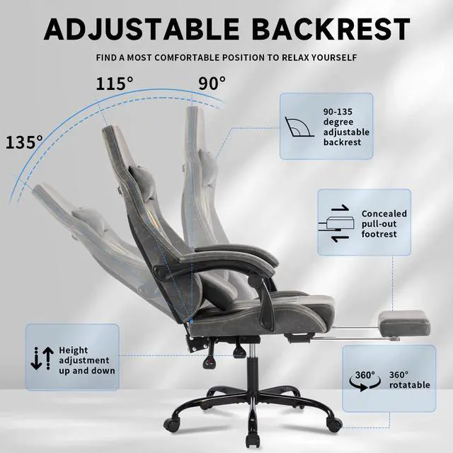 Alt view image 3 of 7 - Fantasylab Gaming Chair, Video Game Chair with Massage Lumbar Support and Footrest, Comfortable Ergonomic Computer Chair, Grey