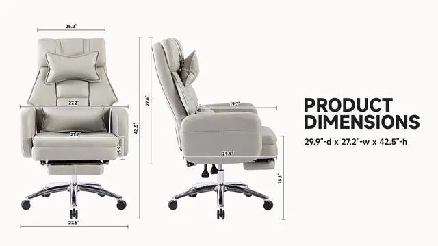 Alt view image 4 of 7 - Fantasylab Swivel Ergonomic Office Chair, Technology Leather  High Back Office Chair with Lumbar Support Headrest, Grey