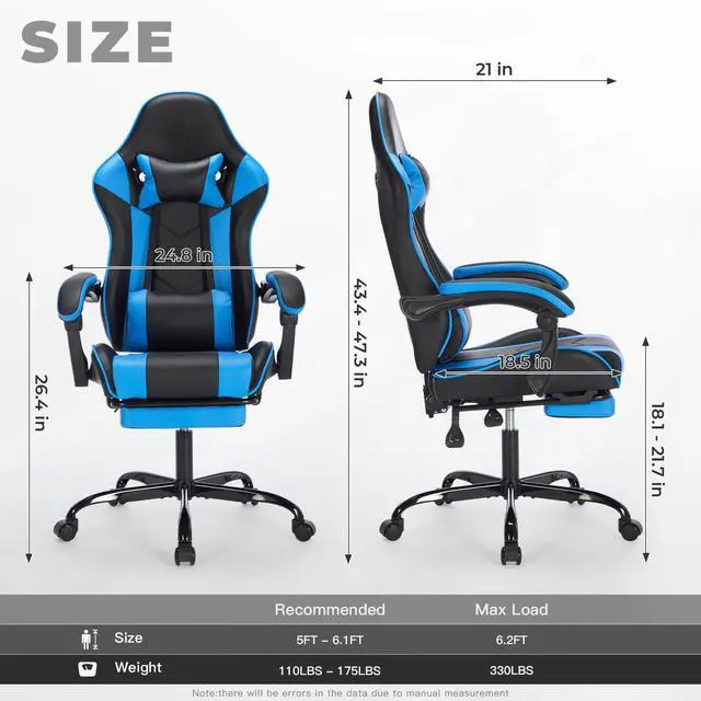 Alt view image 3 of 7 - Fantasylab Gaming Chair with Footrest, Ergonomic Computer Chair with Headrest and Lumbar Support, Video Game Chairs for Adults, Black Blue