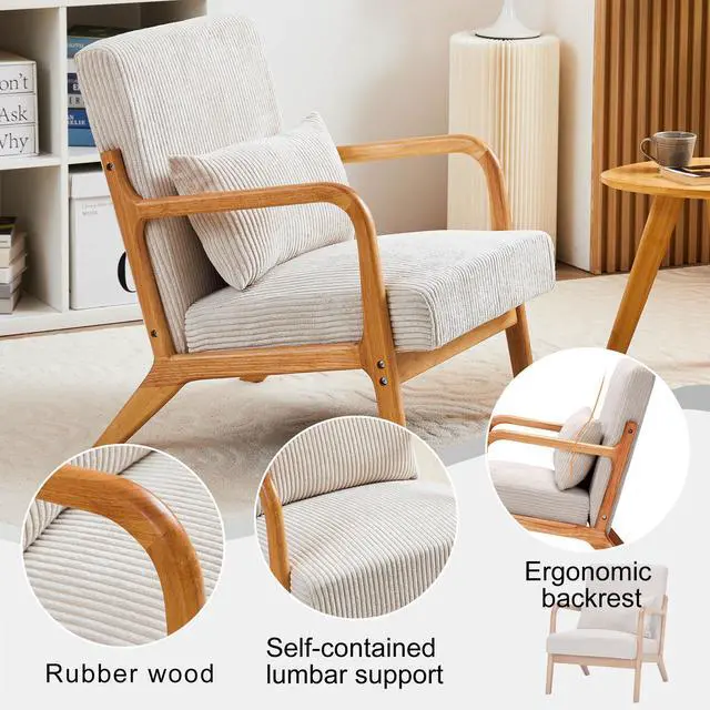 Alt view image 3 of 7 - VANBOW Modern Accent Chair - Rubberwood Frame, Ergonomic Design for Living Room, Reading Nooks Beige