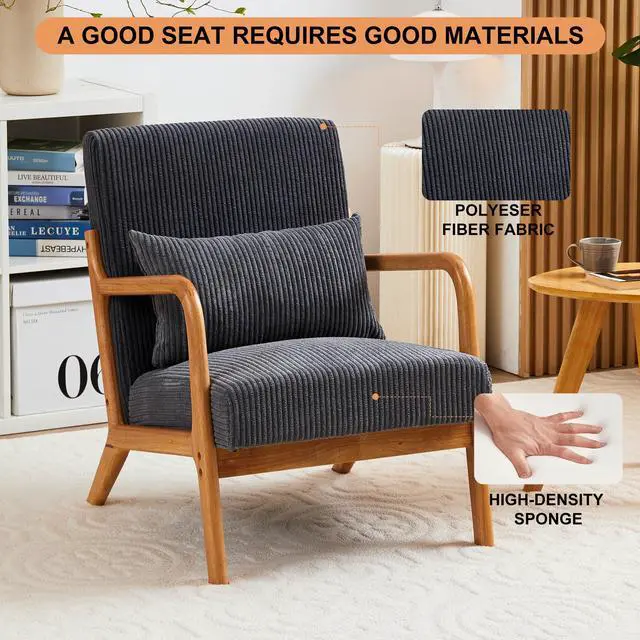 Alt view image 4 of 7 - VANBOW Modern Accent Chair - Rubberwood Frame, Ergonomic Design for Living Room, Reading Nooks Dark Grey