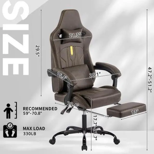 Alt view image 2 of 7 - Fantasylab Gaming Chair, Video Game Chair with Massage Lumbar Support and Footrest, Comfortable Ergonomic Computer Chair, Brown