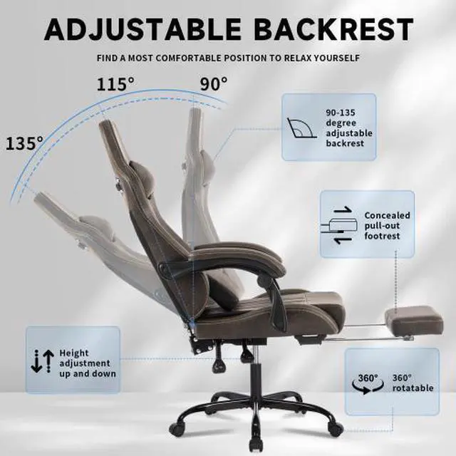 Alt view image 4 of 7 - Fantasylab Gaming Chair, Video Game Chair with Massage Lumbar Support and Footrest, Comfortable Ergonomic Computer Chair, Brown