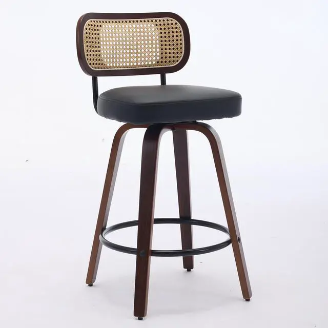 Alt view image 2 of 7 - Vanbow Walnut Wood Swivel Bar Stool - Ventilated Cane Back, Set of 2, Black
