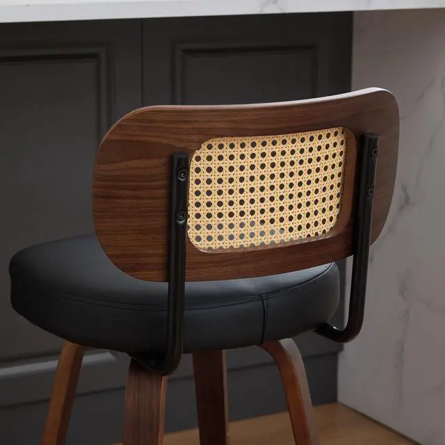 Alt view image 5 of 7 - Vanbow Walnut Wood Swivel Bar Stool - Ventilated Cane Back, Set of 2, Black
