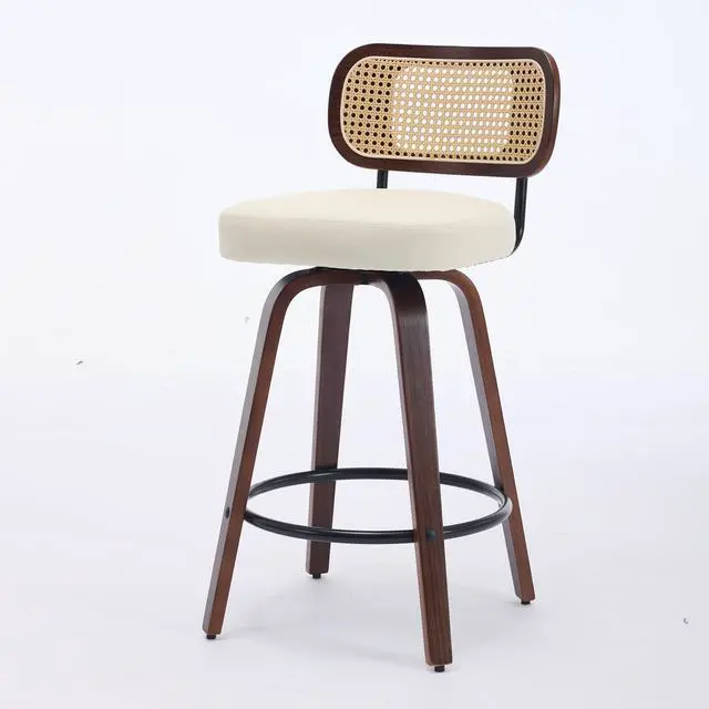 Alt view image 2 of 7 - Vanbow Walnut Wood Swivel Bar Stool - Ventilated Cane Back, Set of 2, Beige
