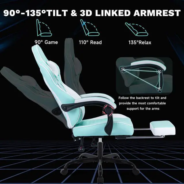 Alt view image 4 of 7 - Fantasylab Ergonomic Video Gamer Chairs,Computer Gaming Chairs with Massage Lumbar Support and footrest for Adults, Green White