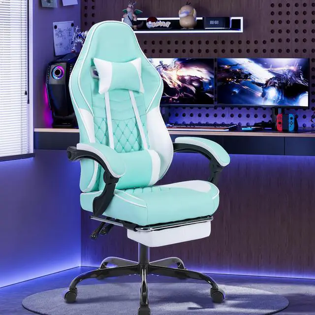 Alt view image 2 of 7 - Fantasylab Ergonomic Video Gamer Chairs,Computer Gaming Chairs with Massage Lumbar Support and footrest for Adults, Green White