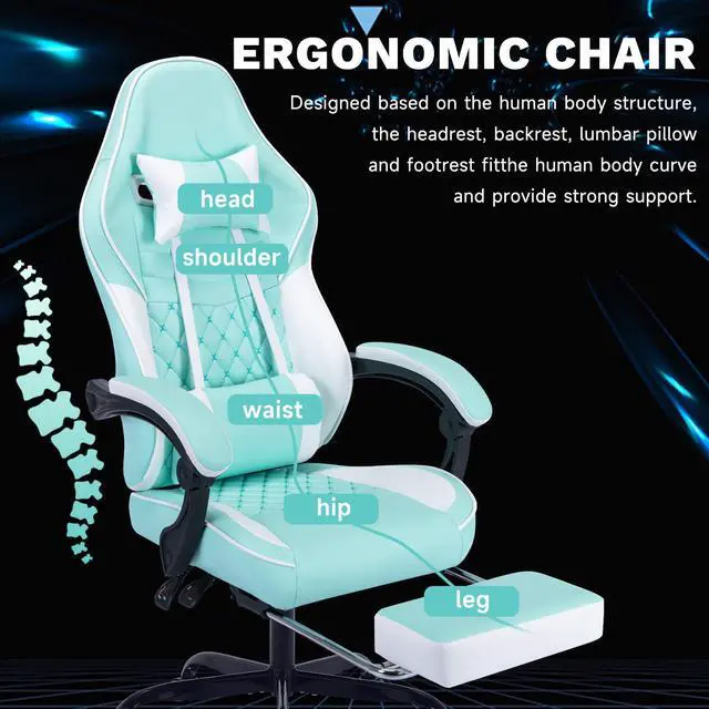 Alt view image 6 of 7 - Fantasylab Ergonomic Video Gamer Chairs,Computer Gaming Chairs with Massage Lumbar Support and footrest for Adults, Green White