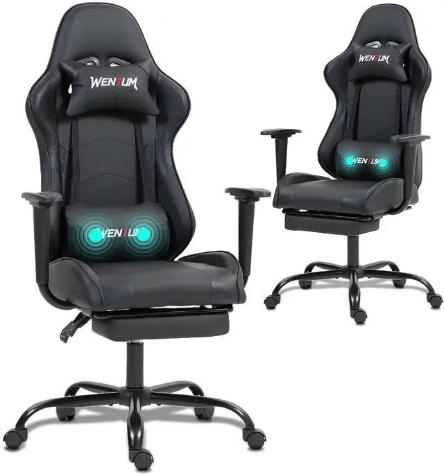Main image of Fantasylab Reclining Gaming Chair with Footrest, Massage Racing Office Chair, PU Leather Computer Desk Chair with Head Pillow for Adults, Black