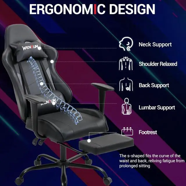 Alt view image 3 of 7 - Fantasylab Reclining Gaming Chair with Footrest, Massage Racing Office Chair, PU Leather Computer Desk Chair with Head Pillow for Adults, Black
