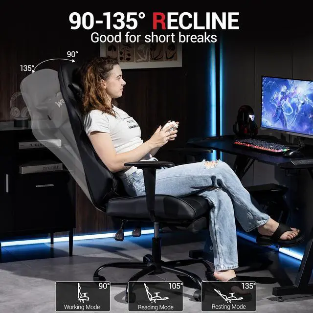 Alt view image 4 of 7 - Fantasylab Reclining Gaming Chair with Footrest, Massage Racing Office Chair, PU Leather Computer Desk Chair with Head Pillow for Adults, Black