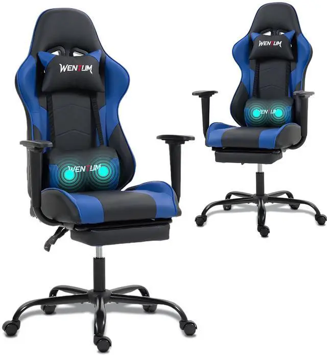 Main image of Fantasylab Reclining Gaming Chair with Footrest, Massage Racing Office Chair, PU Leather Computer Desk Chair with Head Pillow for Adults, Blue