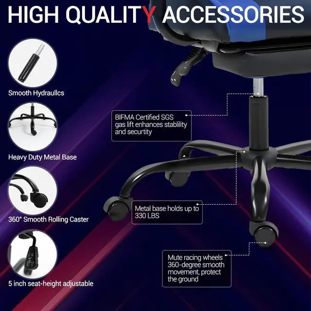 Alt view image 6 of 7 - Fantasylab Reclining Gaming Chair with Footrest, Massage Racing Office Chair, PU Leather Computer Desk Chair with Head Pillow for Adults, Blue