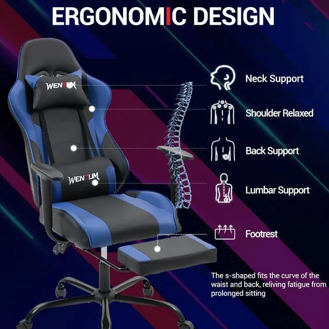 Alt view image 3 of 7 - Fantasylab Reclining Gaming Chair with Footrest, Massage Racing Office Chair, PU Leather Computer Desk Chair with Head Pillow for Adults, Blue
