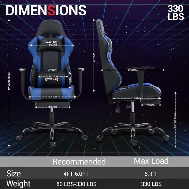 Alt view image 2 of 7 - Fantasylab Reclining Gaming Chair with Footrest, Massage Racing Office Chair, PU Leather Computer Desk Chair with Head Pillow for Adults, Blue