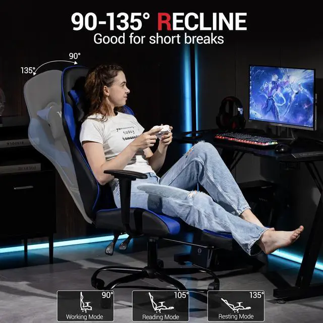 Alt view image 4 of 7 - Fantasylab Reclining Gaming Chair with Footrest, Massage Racing Office Chair, PU Leather Computer Desk Chair with Head Pillow for Adults, Blue