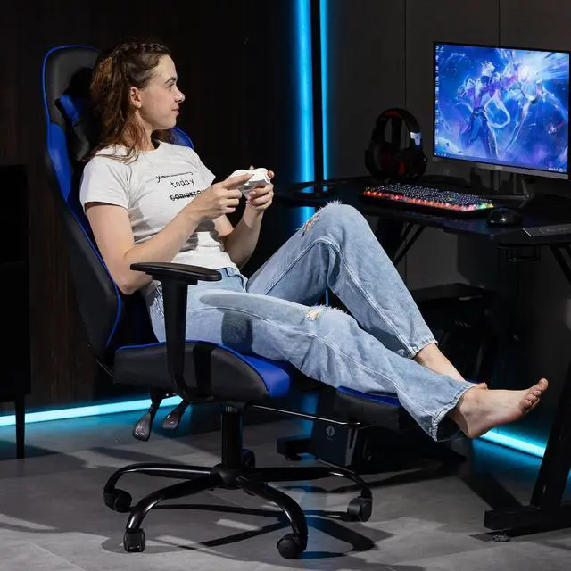 Alt view image 7 of 7 - Fantasylab Reclining Gaming Chair with Footrest, Massage Racing Office Chair, PU Leather Computer Desk Chair with Head Pillow for Adults, Blue