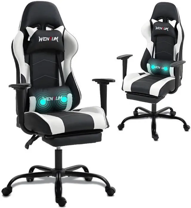 Main image of Fantasylab Reclining Gaming Chair with Footrest, Massage Racing Office Chair, PU Leather Computer Desk Chair with Head Pillow for Adults, White
