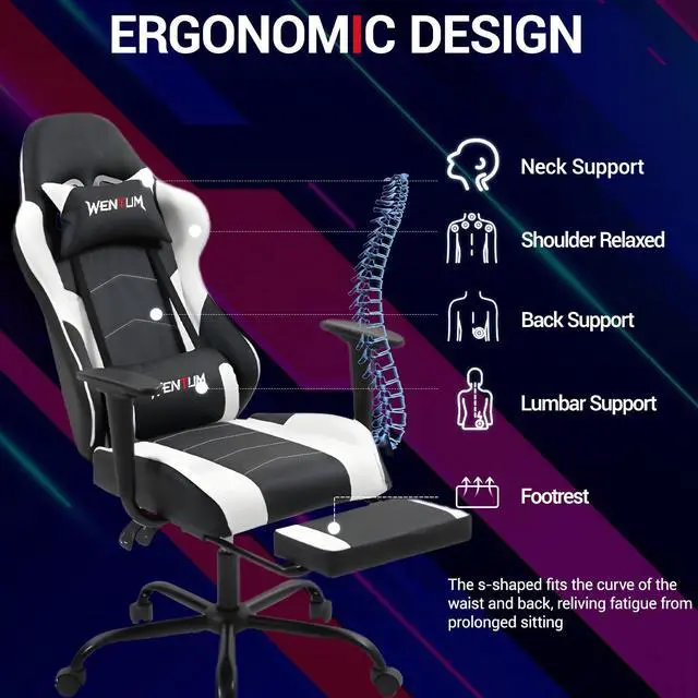 Alt view image 3 of 7 - Fantasylab Reclining Gaming Chair with Footrest, Massage Racing Office Chair, PU Leather Computer Desk Chair with Head Pillow for Adults, White