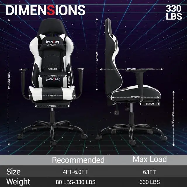Alt view image 2 of 7 - Fantasylab Reclining Gaming Chair with Footrest, Massage Racing Office Chair, PU Leather Computer Desk Chair with Head Pillow for Adults, White