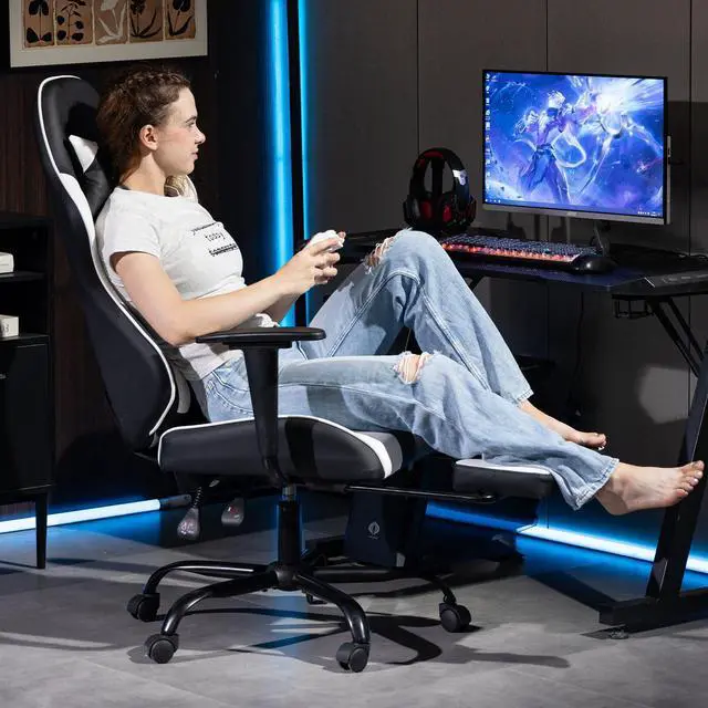 Alt view image 7 of 7 - Fantasylab Reclining Gaming Chair with Footrest, Massage Racing Office Chair, PU Leather Computer Desk Chair with Head Pillow for Adults, White