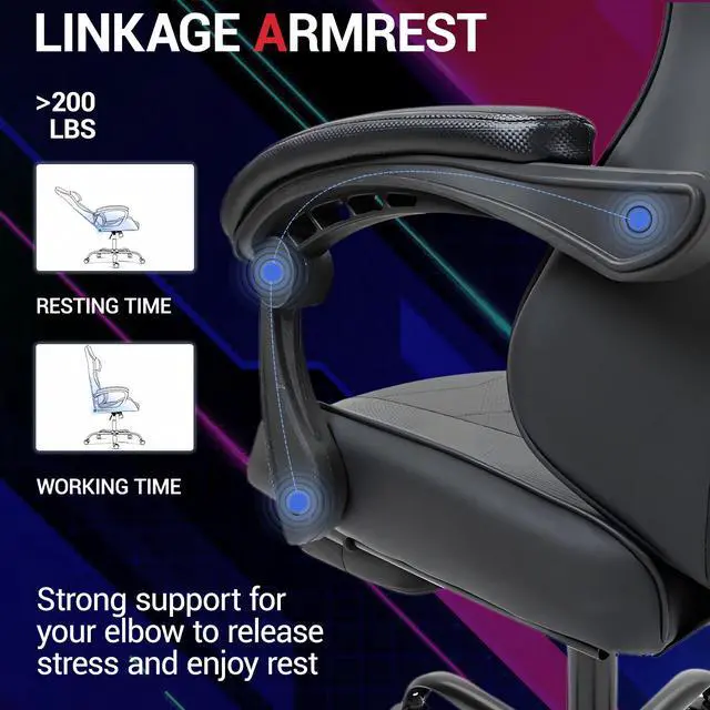 Alt view image 4 of 7 - Fantasylab Ergonomic Reclining Gaming Chair with Linkage Armrests & Footrest, Racing Office Chair, PU Leather Computer Desk Chair