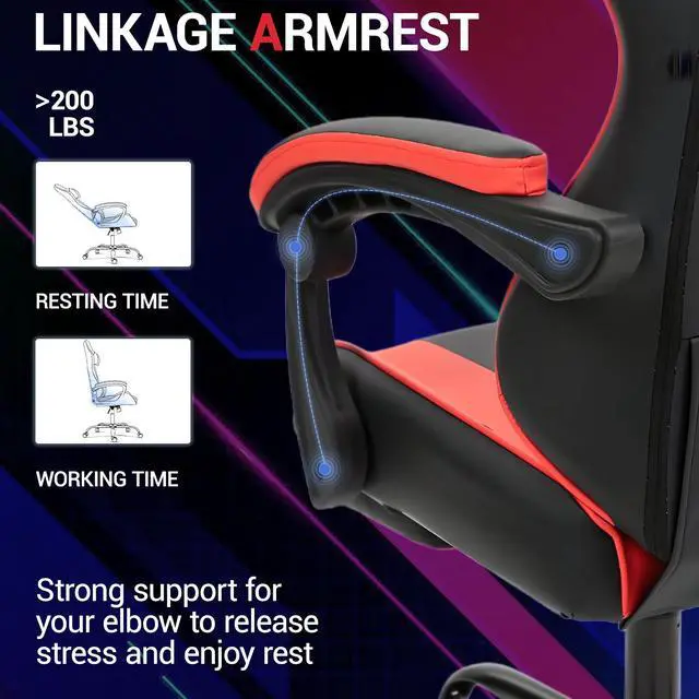 Alt view image 4 of 7 - Fantasylab Ergonomic Reclining Gaming Chair with Linkage Armrests & Footrest, Racing Office Chair, PU Leather Computer Desk Chair Red