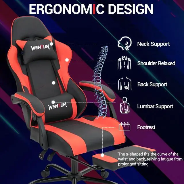 Alt view image 3 of 7 - Fantasylab Ergonomic Reclining Gaming Chair with Linkage Armrests & Footrest, Racing Office Chair, PU Leather Computer Desk Chair Red