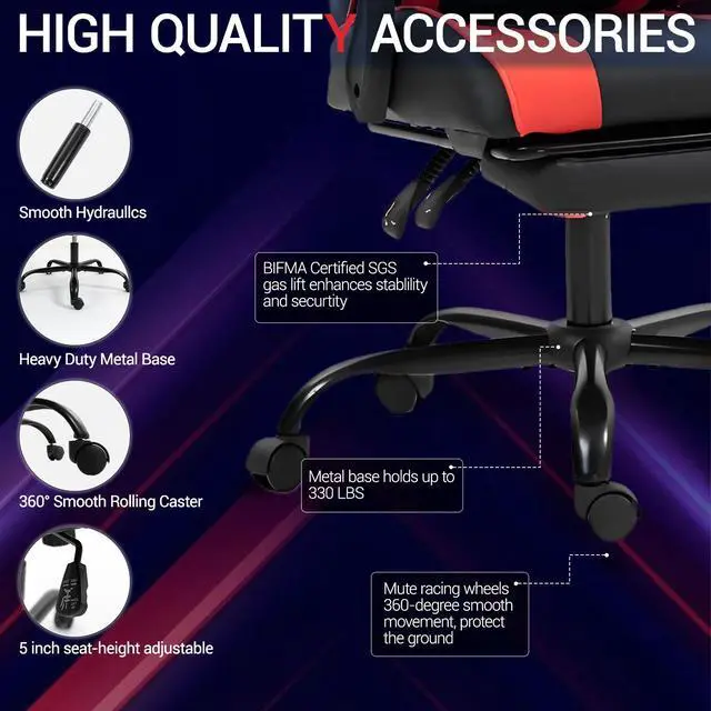 Alt view image 6 of 7 - Fantasylab Ergonomic Reclining Gaming Chair with Linkage Armrests & Footrest, Racing Office Chair, PU Leather Computer Desk Chair Red