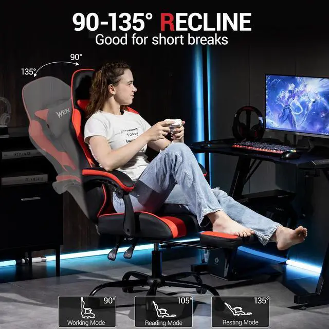 Alt view image 5 of 7 - Fantasylab Ergonomic Reclining Gaming Chair with Linkage Armrests & Footrest, Racing Office Chair, PU Leather Computer Desk Chair Red