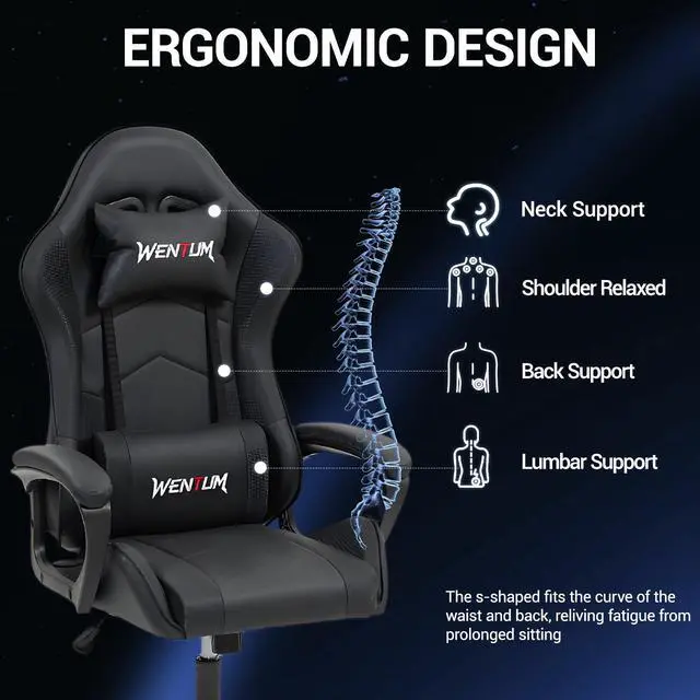 Alt view image 3 of 7 - Fantasylab Ergonomic Gaming Chair Racing Style Office Chair, Computer Desk Chair, Swivel Reclining PU Leather PC Gamer Chair, Black