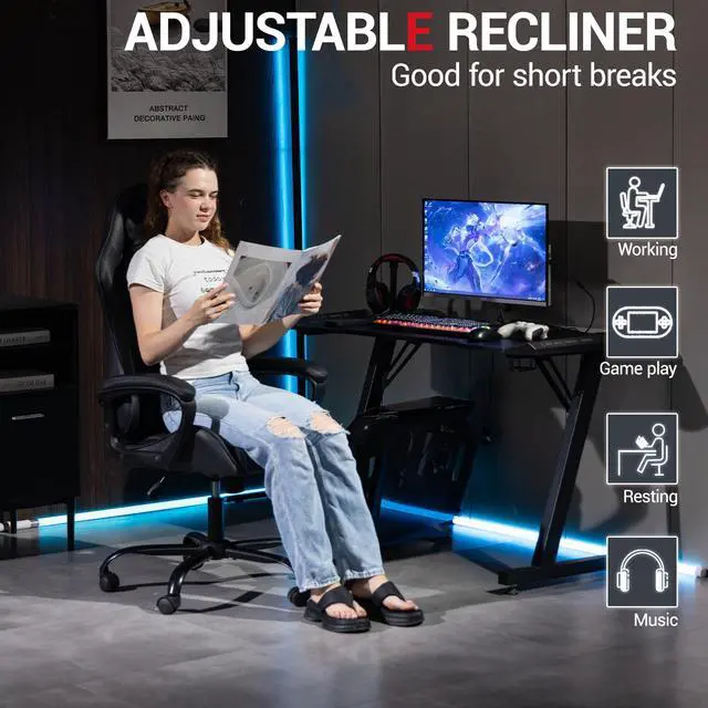 Alt view image 5 of 7 - Fantasylab Ergonomic Gaming Chair Racing Style Office Chair, Computer Desk Chair, Swivel Reclining PU Leather PC Gamer Chair, Black