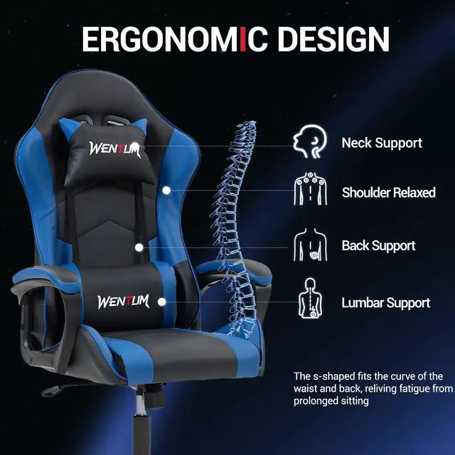 Alt view image 3 of 7 - Fantasylab Ergonomic Gaming Chair Racing Style Office Chair, Computer Desk Chair, Swivel Reclining PU Leather PC Gamer Chair, Blue