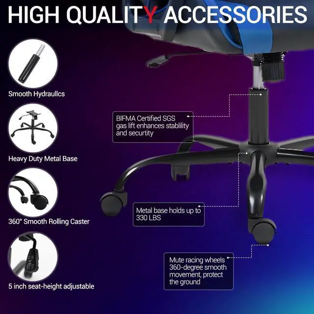 Alt view image 6 of 7 - Fantasylab Ergonomic Gaming Chair Racing Style Office Chair, Computer Desk Chair, Swivel Reclining PU Leather PC Gamer Chair, Blue