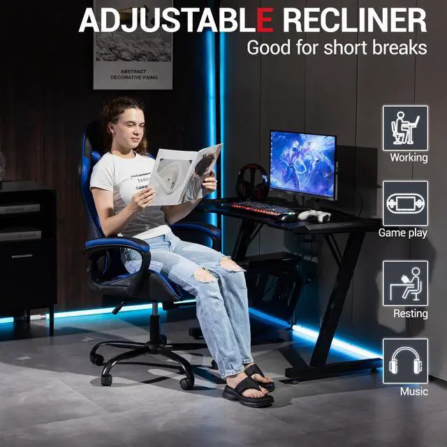 Alt view image 5 of 7 - Fantasylab Ergonomic Gaming Chair Racing Style Office Chair, Computer Desk Chair, Swivel Reclining PU Leather PC Gamer Chair, Blue