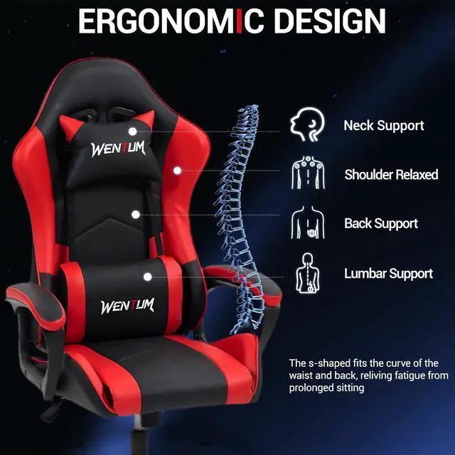 Alt view image 3 of 7 - Fantasylab Ergonomic Gaming Chair Racing Style Office Chair, Computer Desk Chair, Swivel Reclining PU Leather PC Gamer Chair, Red