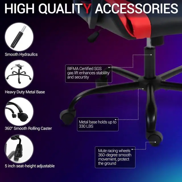 Alt view image 5 of 7 - Fantasylab Ergonomic Gaming Chair Racing Style Office Chair, Computer Desk Chair, Swivel Reclining PU Leather PC Gamer Chair, Red