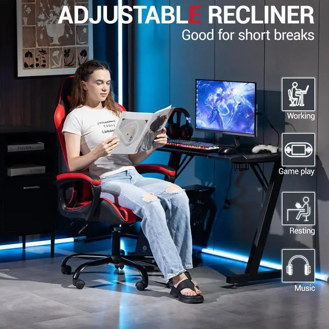 Alt view image 7 of 7 - Fantasylab Ergonomic Gaming Chair Racing Style Office Chair, Computer Desk Chair, Swivel Reclining PU Leather PC Gamer Chair, Red