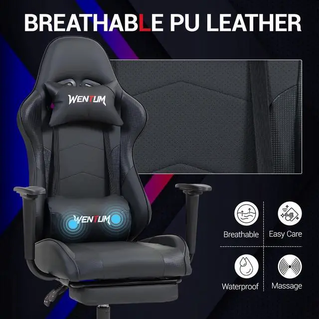 Alt view image 6 of 7 - Fantasylab Reclining Gaming Chair with Footrest, Massage Racing Office Chair, PU Leather Computer Desk Chair with Head Pillow for Adults, Black