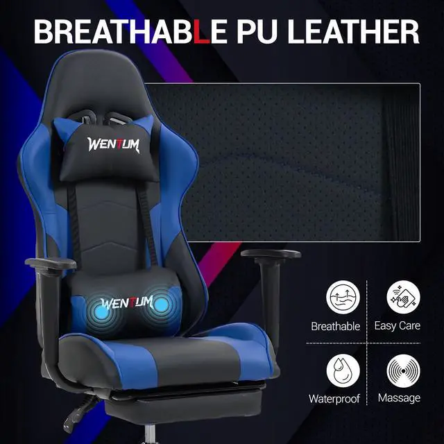 Alt view image 5 of 7 - Fantasylab Reclining Gaming Chair with Footrest, Massage Racing Office Chair, PU Leather Computer Desk Chair with Head Pillow for Adults, Blue