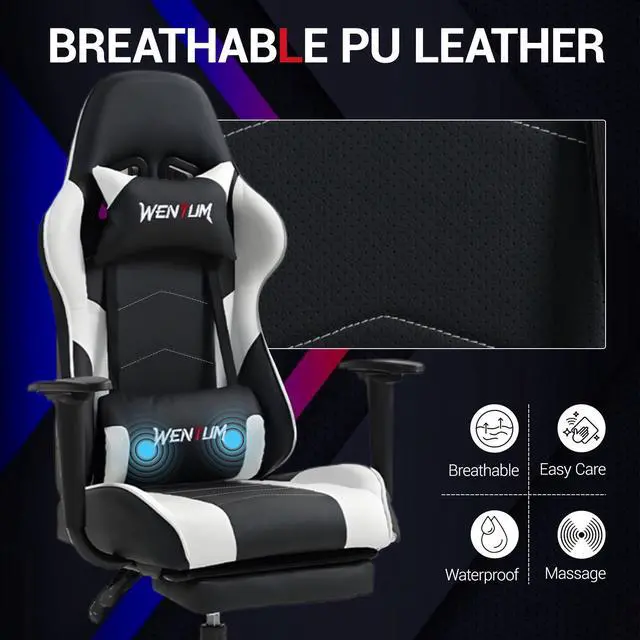 Alt view image 6 of 7 - Fantasylab Reclining Gaming Chair with Footrest, Massage Racing Office Chair, PU Leather Computer Desk Chair with Head Pillow for Adults, White