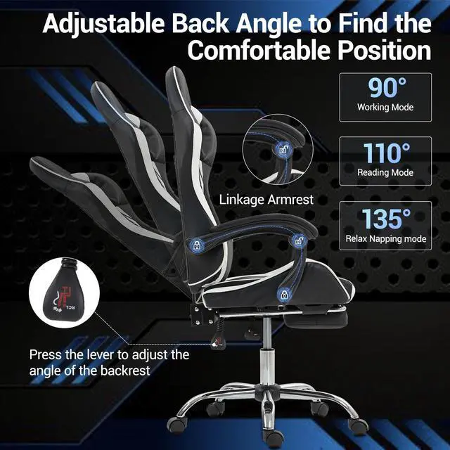 Alt view image 3 of 7 - Fantasylab Gaming Chair with Massage Lumbar Support Ergonomic Video Game Chair for Adults, Adjustable Headrest & Footrest, 90-135° Recline, 360° Swivel