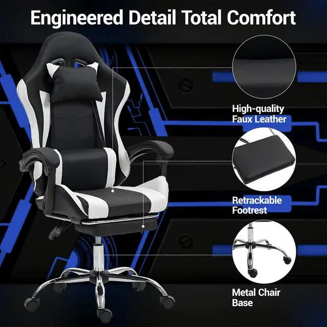 Alt view image 6 of 7 - Fantasylab Gaming Chair with Massage Lumbar Support Ergonomic Video Game Chair for Adults, Adjustable Headrest & Footrest, 90-135° Recline, 360° Swivel