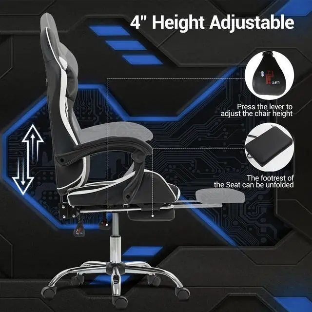 Alt view image 4 of 7 - Fantasylab Gaming Chair with Massage Lumbar Support Ergonomic Video Game Chair for Adults, Adjustable Headrest & Footrest, 90-135° Recline, 360° Swivel
