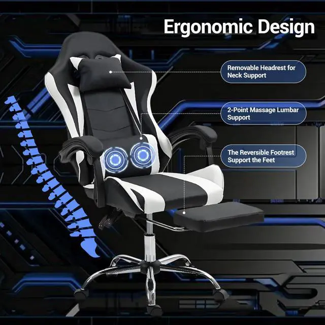 Alt view image 5 of 7 - Fantasylab Gaming Chair with Massage Lumbar Support Ergonomic Video Game Chair for Adults, Adjustable Headrest & Footrest, 90-135° Recline, 360° Swivel