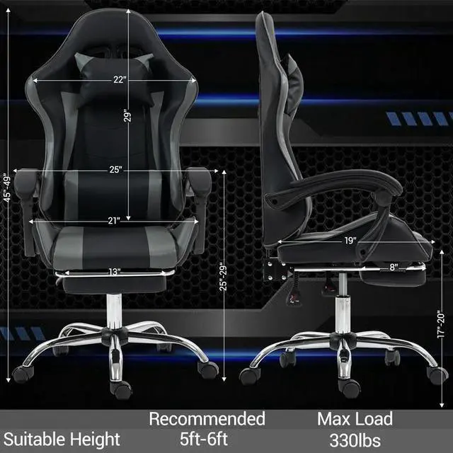 Alt view image 2 of 7 - Fantasylab Gaming Chair with Massage Lumbar Support Ergonomic Video Game Chair for Adults, Adjustable Headrest & Footrest, 90-135° Recline, 360° Swivel Grey